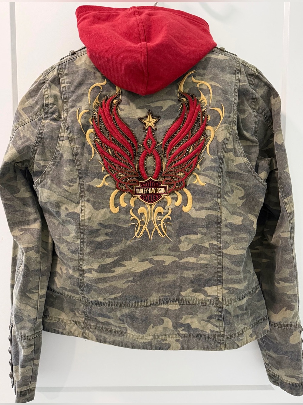 Harley Davidson Camo Jacket Removable Hoodie Trickster Embroidered Eagle Y2K (M)